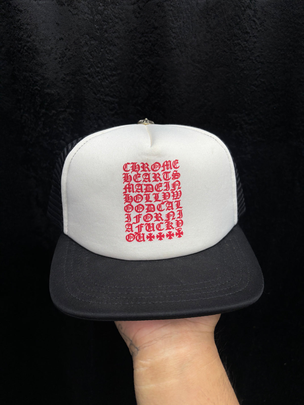Chrome heart eyechart trucker